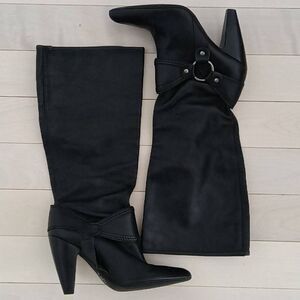 Carlos Women's Black Leather Studded Harness Ring Calf High Fashion Boots Sz 8.5